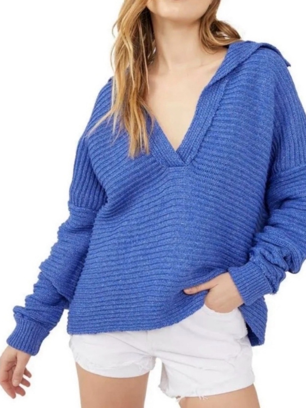 NWOT Free People Marlie Pullover in cobalt. Size Small